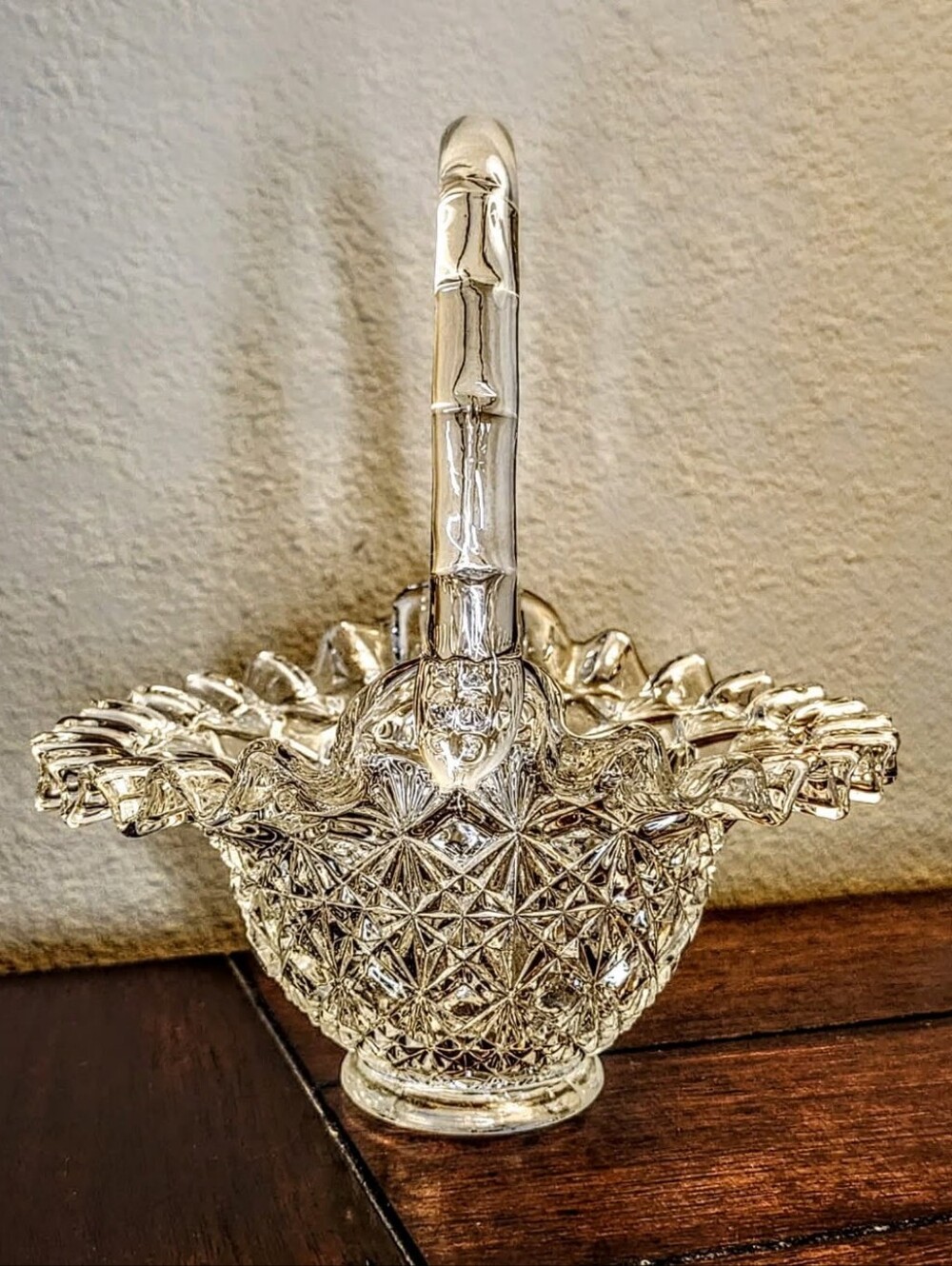 Vintage Antique Fenton Clear Art Glass Basket Diamond Fan Pattern Decorative
